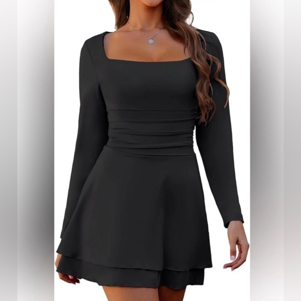 Amazon Black Square Neck Ruched Waist Long Sleeve Layered Mini Dress M NWOT